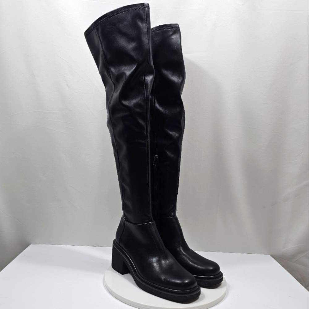 NWOT Franco Sarto Kelly Black Faux Leather Over The Knee Boots 8 Chunky Heel